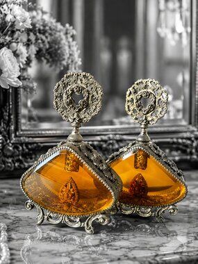 Vtg. Pair of Large Ornate Gold Ormolu Filigree Perfume Bottles with Amber Glass